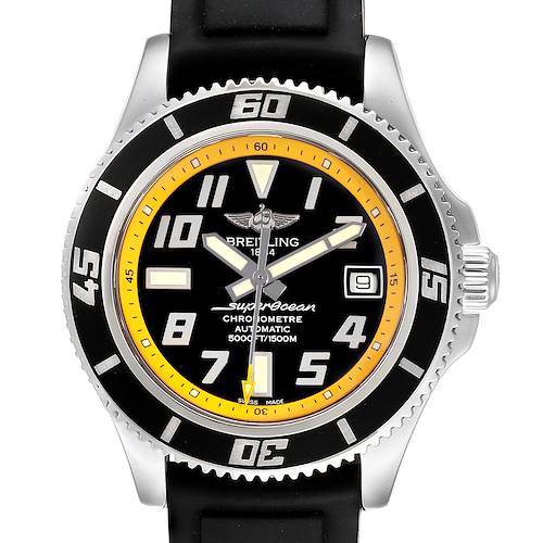 The image shows a front view of the Breitling Superocean A17364 Men's Stainless Steel Black Dial A17364 Men's Stainless Steel Black Dial watch, highlighting its dial, bezel, and crown.