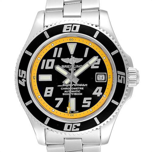 The image shows a frontal view of a Breitling Superocean A17364 Men's Stainless Steel Black Dial A17364 Men's Stainless Steel Black Dial watch, highlighting its bezel, dial, hands, and bracelet.