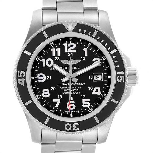 The image shows a front view of the Breitling Superocean A17392D8/C910 Men's Stainless Steel Black Dial A17392D8/C910 Men's Stainless Steel Black Dial watch, highlighting its dial, bezel, bracelet, and date window.
