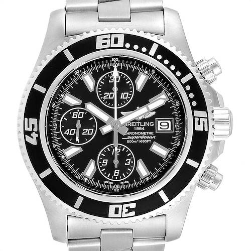 The image shows a frontal view of a Breitling Superocean A13341 Men's Stainless Steel Black Dial A13341 Men's Stainless Steel Black Dial watch, including its bezel, dial, hands, and part of the bracelet.