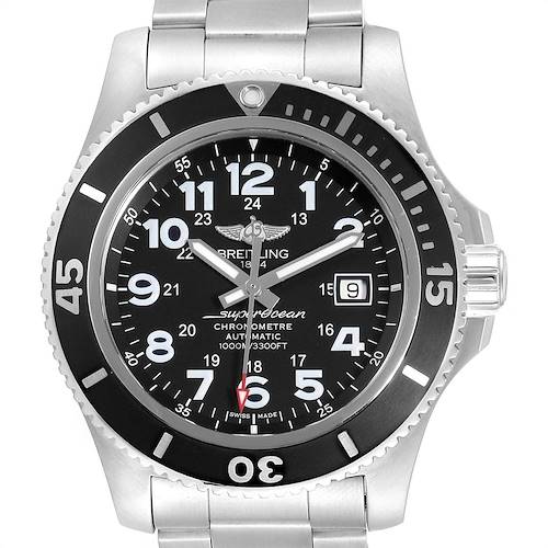 This image showcases a frontal view of the Breitling Superocean A17392D8/C910 Men's Stainless Steel Black Dial A17392D8/C910 Men's Stainless Steel Black Dial watch, highlighting its dial, bezel, and stainless steel bracelet.