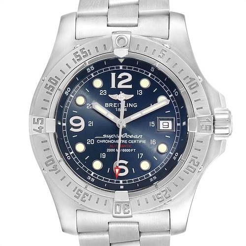 The image shows a front view of a Breitling Superocean A17390 Men's Blue Dial A17390 Men's Blue Dial watch, highlighting its dial, bezel, hands, and metal bracelet.