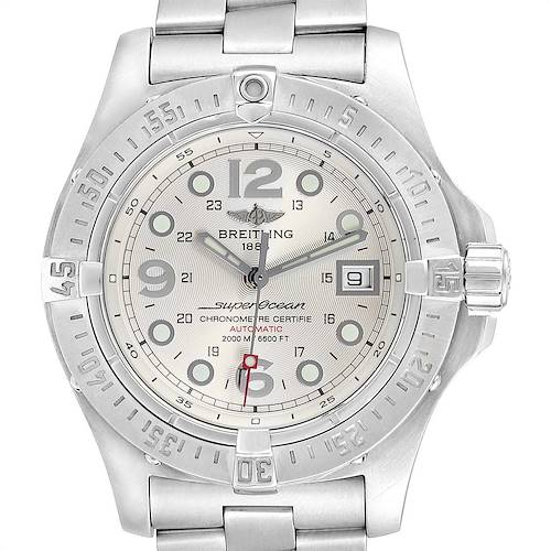 This image shows a front view of a Breitling Superocean A17390 Men's Stainless Steel Silver Dial A17390 Men's Stainless Steel Silver Dial watch, highlighting its dial, bezel, and metal bracelet.