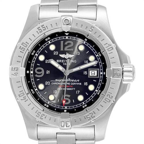 The image shows a front view of the Breitling Superocean A17390 Men's Stainless Steel Black Dial A17390 Men's Stainless Steel Black Dial watch, featuring its dial, bezel, and part of the bracelet.