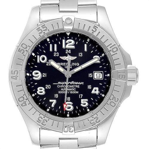The image shows a front view of a Breitling Superocean A17360 Men's Stainless Steel Black Dial A17360 Men's Stainless Steel Black Dial watch, displaying its dial, bezel, and part of the metal bracelet.