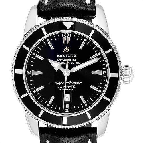 The Breitling Superocean A17320 Men's Stainless Steel Black Dial A17320 Men's Stainless Steel Black Dial watch is shown from a front angle, featuring a black dial, bezel, and leather strap.