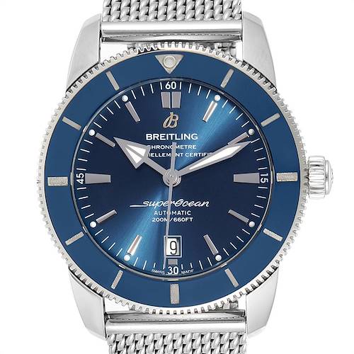 The image shows a front view of the Breitling Superocean AB202016-C961-152A Men's Stainless Steel Blue Dial AB202016-C961-152A Men's Stainless Steel Blue Dial watch, featuring its blue dial, hands, bezel, and part of the mesh bracelet.