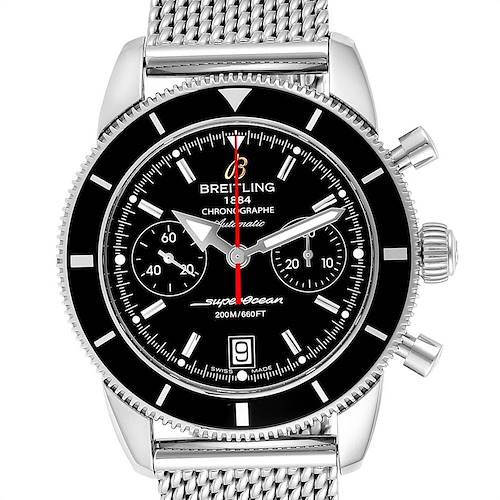 This image shows a front view of the Breitling Superocean A23370 Men's Stainless Steel Black Dial A23370 Men's Stainless Steel Black Dial watch, highlighting its black dial, chronograph subdials, and mesh bracelet.