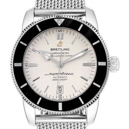 This image shows a front view of the Breitling Superocean AB2020 Men's Stainless Steel Silver Dial AB2020 Men's Stainless Steel Silver Dial watch displaying the dial, bezel, crown, and part of the mesh strap.