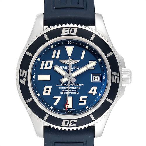 The image shows a front view of the Breitling Superocean A17364 Men's Stainless Steel Blue Dial A17364 Men's Stainless Steel Blue Dial watch, highlighting its face, bezel, crown, and strap.