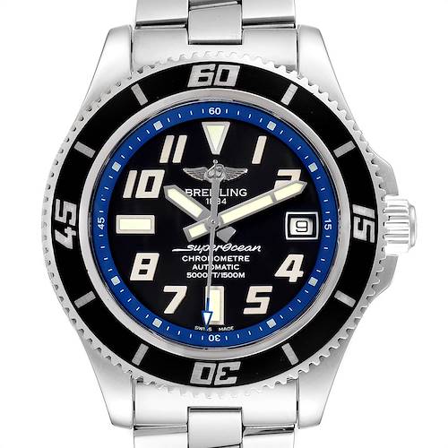 This Breitling Superocean A17364 Men's Stainless Steel Black Dial A17364 Men's Stainless Steel Black Dial watch is shown from a straight-on angle displaying the face, bezel, crown, and bracelet.