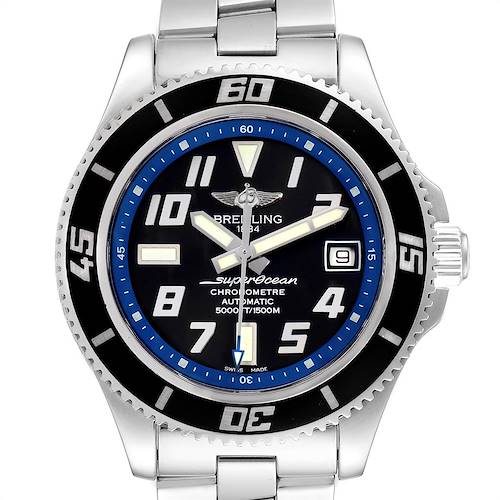 The image shows a front view of a Breitling Superocean A17364 Men's Stainless Steel Black Dial A17364 Men's Stainless Steel Black Dial watch, displaying its dial, bezel, and bracelet.