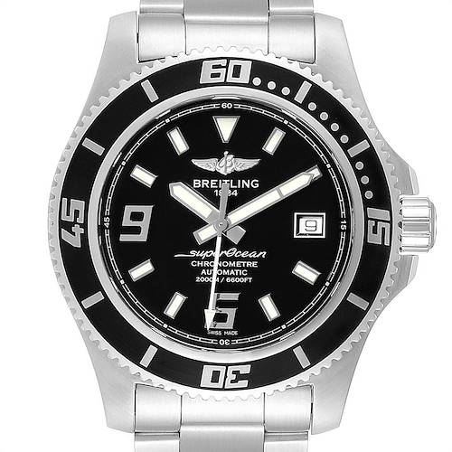 The image shows a close-up front view of a Breitling Superocean A17391 Men's Stainless Steel Black Dial A17391 Men's Stainless Steel Black Dial watch, highlighting its black dial, bezel, hands, and bracelet.