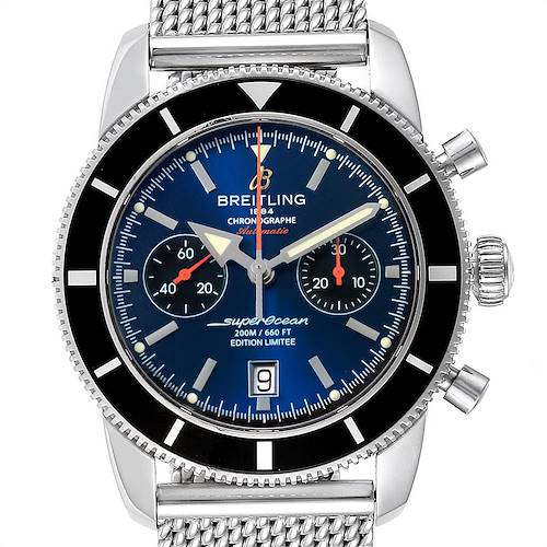 The image shows a front view of the Breitling Superocean A23320 Men's Stainless Steel Blue Dial A23320 Men's Stainless Steel Blue Dial watch, highlighting its dial, bezel, and mesh band.