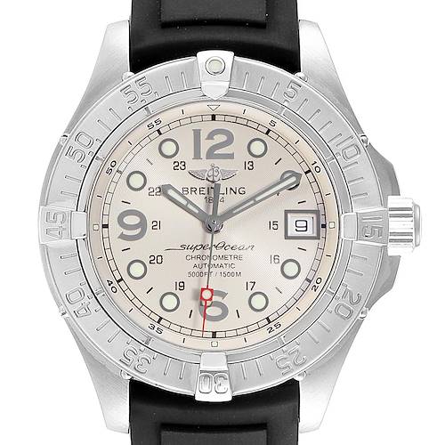 The image shows the front view of a Breitling Superocean A17360 Men's Stainless Steel Beige Dial A17360 Men's Stainless Steel Beige Dial watch, displaying the dial, bezel, and strap.