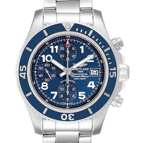 The image shows a frontal view of a Breitling Superocean A13311 Men's Stainless Steel Blue Dial A13311 Men's Stainless Steel Blue Dial watch featuring a blue dial, three sub-dials, and a stainless steel bracelet.