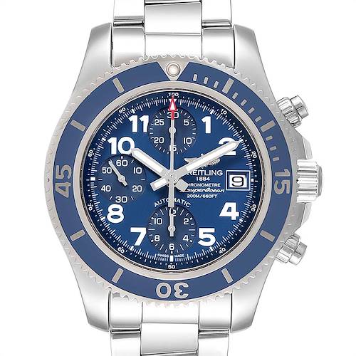 This image shows a Breitling Superocean A13311 Men's Stainless Steel Blue Dial A13311 Men's Stainless Steel Blue Dial watch from a front angle, detailing its face, bezel, and bracelet.