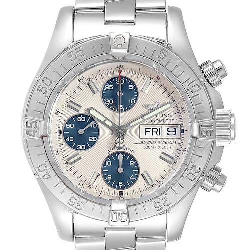 This Breitling Superocean A13340 Men's Stainless Steel Beige Dial A13340 Men's Stainless Steel Beige Dial watch is shown from the front, displaying the face, bezel, and part of the stainless steel bracelet.