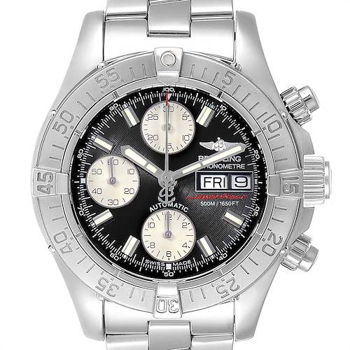 The image shows a front view of the Breitling Superocean A13340 Men's Stainless Steel Black Dial A13340 Men's Stainless Steel Black Dial watch, highlighting its dial, bezel, crown, and subdials.