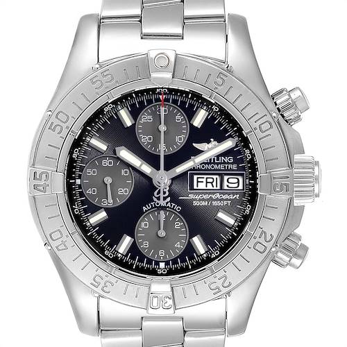 The image shows a frontal view of a Breitling Superocean A13340 Men's Stainless Steel Black Dial A13340 Men's Stainless Steel Black Dial watch with its bracelet, bezel, dial, chronograph subdials, and date display.