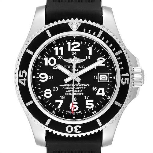 The Breitling Superocean A17391 Men's Stainless Steel Black Dial A17391 Men's Stainless Steel Black Dial watch is shown from the front, highlighting its dial, bezel, and crown.