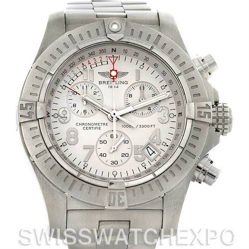 The image shows a front view of the Breitling Avenger A7339010.G561-SS Men's Stainless Steel Silver Dial A7339010.G561-SS Men's Stainless Steel Silver Dial watch, highlighting its dial, bezel, and bracelet.