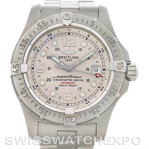 The image shows a front view of a Breitling Superocean A17390 Men's Stainless Steel Silver Dial A17390 Men's Stainless Steel Silver Dial watch, highlighting its dial, bezel, and part of the metal bracelet.