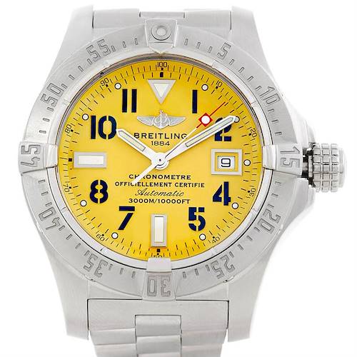 The image shows a front view of a Breitling Avenger A17330 Men's Stainless Steel Yellow Dial A17330 Men's Stainless Steel Yellow Dial watch displaying its yellow dial, stainless steel case, and date feature.