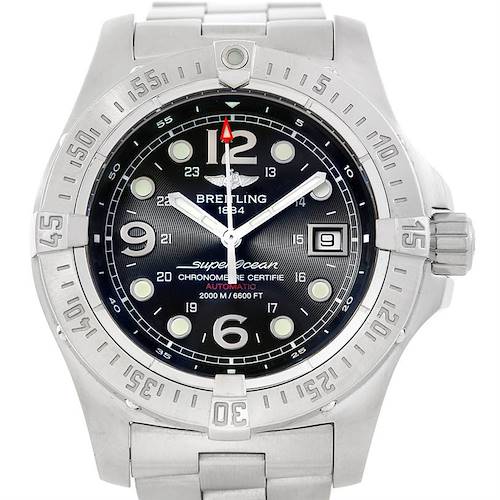 The image shows a close-up front view of the Breitling Superocean A17390 Men's Stainless Steel Black Dial A17390 Men's Stainless Steel Black Dial watch, highlighting the dial, bezel, and bracelet.