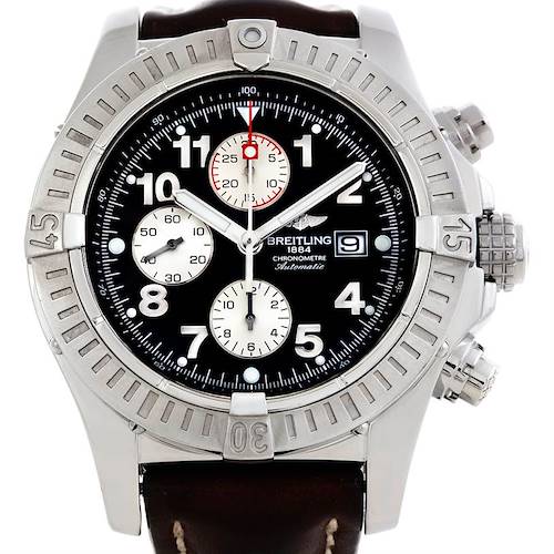 The image shows a front view of a Breitling Avenger A13370 Men's Black Dial A13370 Men's Black Dial watch, highlighting the dial, bezel, subdials, and crown.
