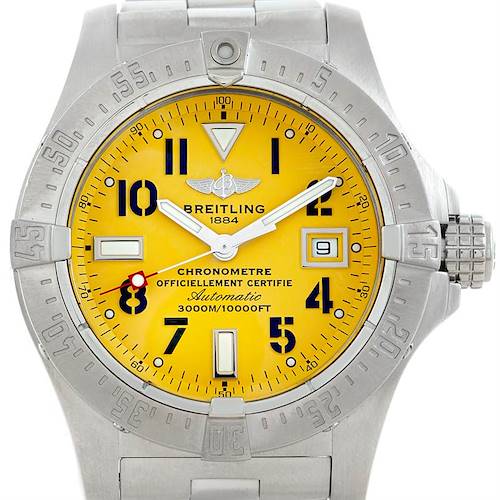 This is a close-up of a Breitling Avenger A17330 Men's Stainless Steel Yellow Dial A17330 Men's Stainless Steel Yellow Dial watch showing the yellow dial, date window, and steel bezel.