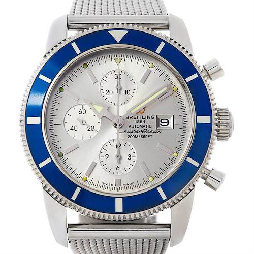 The image shows a front view of a Breitling Superocean A1332016.G698.152A Men's Stainless Steel Silver Dial A1332016.G698.152A Men's Stainless Steel Silver Dial watch with a blue bezel, silver dial, and mesh bracelet.