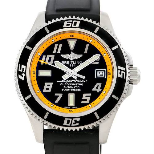 The image shows a front view of the Breitling Superocean A17364 Men's Stainless Steel Black Dial A17364 Men's Stainless Steel Black Dial watch, highlighting its black dial, orange accents, and black rubber strap.