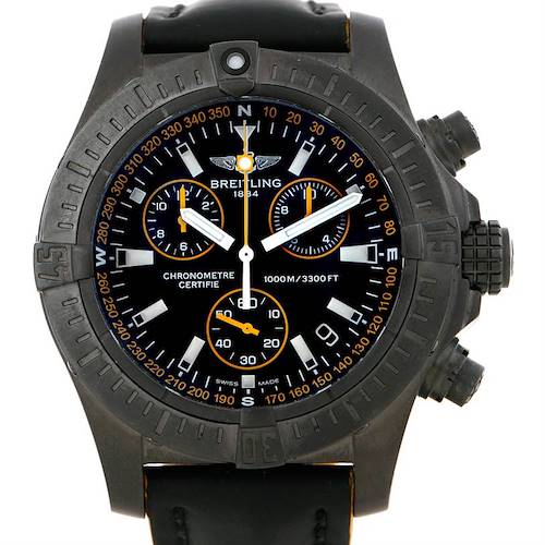 The image shows a frontal view of the Breitling Avenger M73390 Men's Stainless Steel Black Dial M73390 Men's Stainless Steel Black Dial watch, highlighting its dial, bezel, and crown.