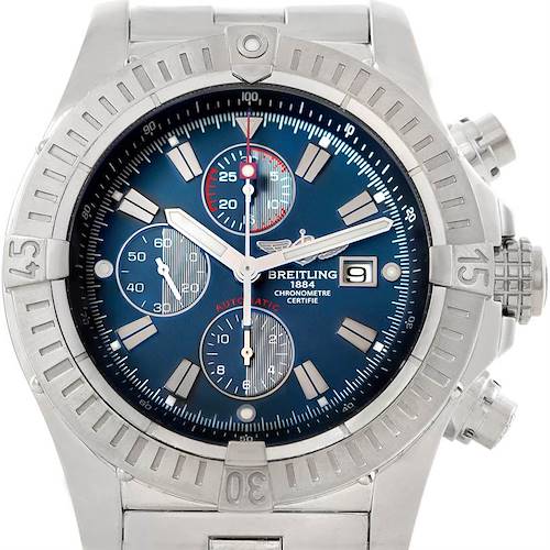 This image of the Breitling Avenger A13370 Men's Stainless Steel Blue Dial A13370 Men's Stainless Steel Blue Dial watch shows the front view, highlighting the bezel, dial, chronograph, and date display.