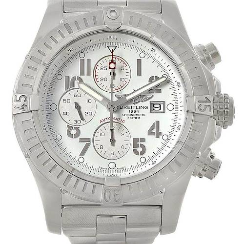 This image shows a front view of the Breitling Avenger A13370 Men's Stainless Steel White Dial A13370 Men's Stainless Steel White Dial watch, highlighting the dial, bezel, subdials, and crown.