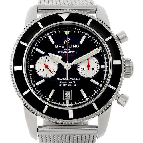 The image shows a front view of the Breitling Superocean A23320 Men's Stainless Steel Black Dial A23320 Men's Stainless Steel Black Dial watch, displaying the dial, chronograph subdials, and mesh bracelet.