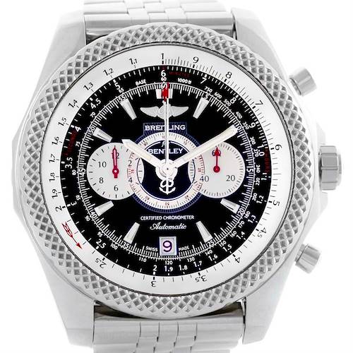 This Breitling Bentley A26364 Men's Stainless Steel Black Dial A26364 Men's Stainless Steel Black Dial model watch is shown from a top view angle, displaying the dial, bezel, and part of the bracelet.