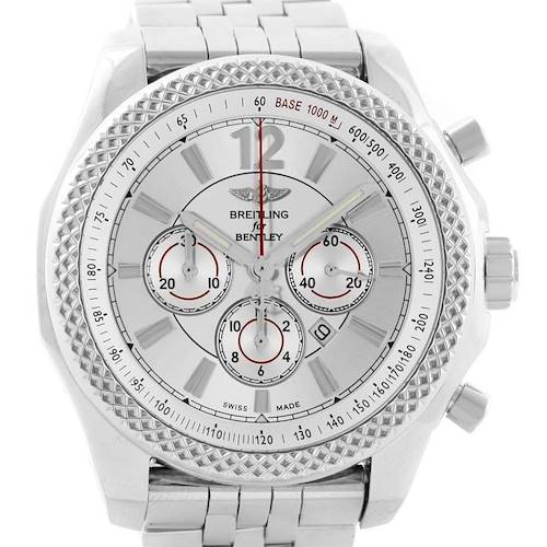 This image shows a frontal view of the Breitling Bentley A41390 Men's Stainless Steel Silver Dial A41390 Men's Stainless Steel Silver Dial model watch, highlighting its face, bezel, and linked bracelet.