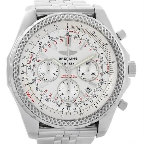 This Breitling Bentley A25362 Men's Stainless Steel Silver Dial A25362 Men's Stainless Steel Silver Dial model watch is shown from the front, displaying its face, dial, bezel, and chronograph subdials.