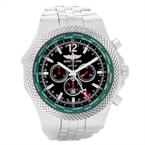 The image shows a front view of a Breitling Bentley A47362 Men's Stainless Steel Black Dial A47362 Men's Stainless Steel Black Dial model watch with a silver metal bracelet and a detailed dial.