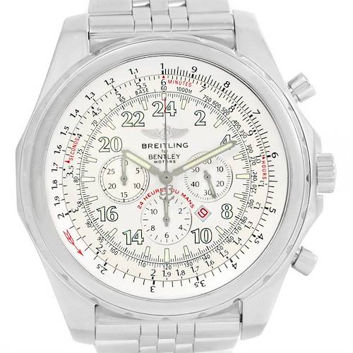This image shows a front view of the Breitling Bentley A22362 Men's Stainless Steel White Dial A22362 Men's Stainless Steel White Dial watch, displaying its face, chronograph dials, bezel, and part of the metal bracelet.