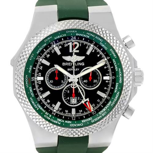 The image shows a front view of the Bentley model by Breitling, displaying the dial, bezel, and side buttons.