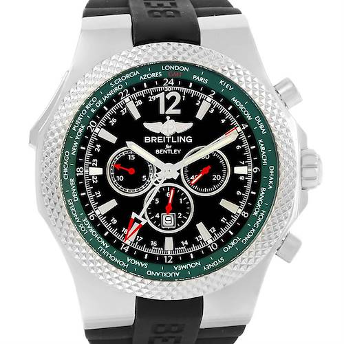 The image shows the face of the Bentley model by Breitling, displaying its bezel, dial, and side crown.