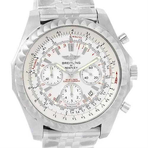 The image shows a front angle of the Breitling Bentley A25365 Men's Stainless Steel Silver Dial A25365 Men's Stainless Steel Silver Dial watch, highlighting its dial, subdials, bezel, and metal bracelet.