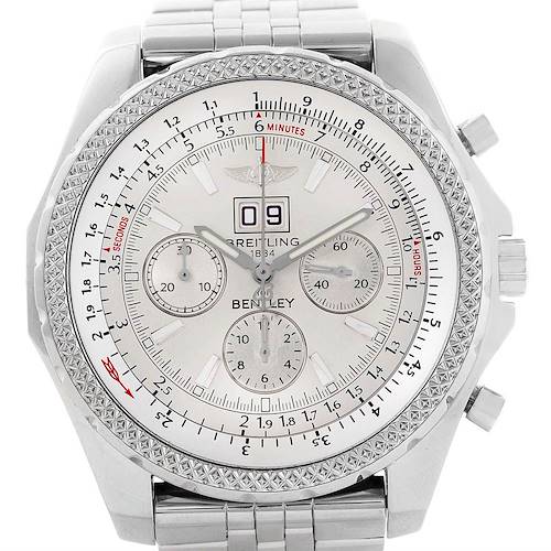 The image shows a front view of a Breitling Bentley A44362 Men's Stainless Steel Silver Dial A44362 Men's Stainless Steel Silver Dial watch, displaying its face, bezel, and chronograph features.