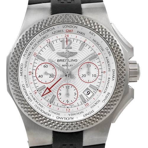 The image shows a close-up of the face and bezel of a Breitling Bentley EB0433 Men's Titanium Silver Dial EB0433 Men's Titanium Silver Dial watch.