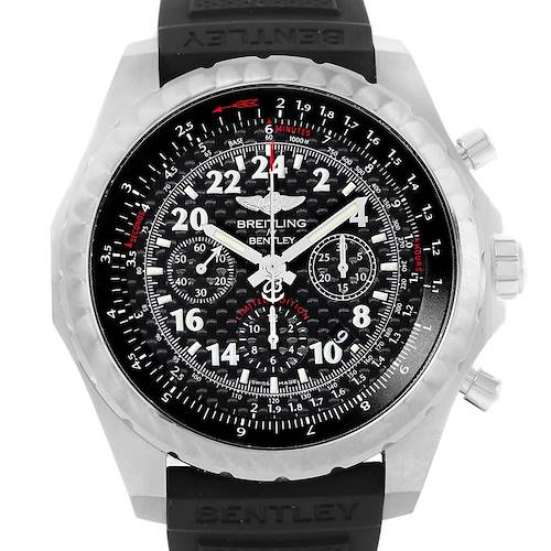 The image shows a front view of the Breitling Bentley AB0220 Men's Stainless Steel Black Dial AB0220 Men's Stainless Steel Black Dial model watch, featuring a black dial with multiple subdials and a rubber strap.