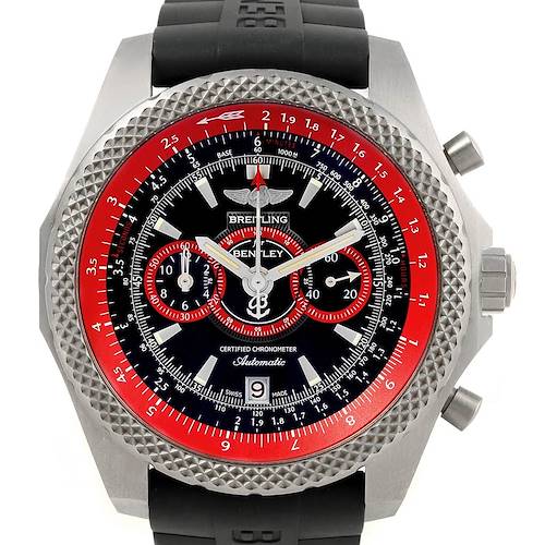 The image shows a front view of the Breitling Bentley E27365 Men's Titanium Black Dial E27365 Men's Titanium Black Dial watch, highlighting its face, bezel, and rubber strap.