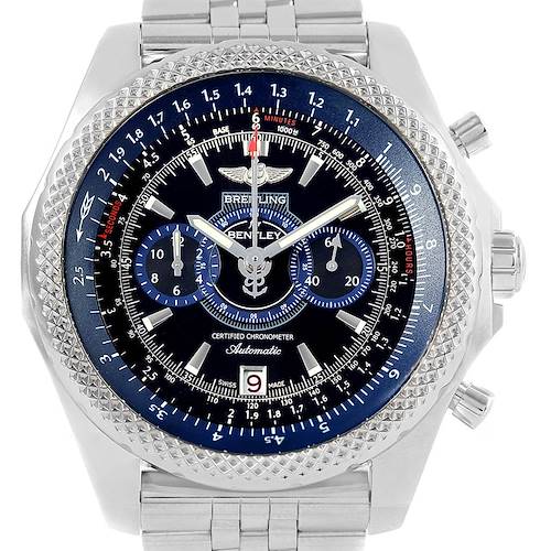 This Breitling Bentley A26364 Men's Stainless Steel Black Dial A26364 Men's Stainless Steel Black Dial model watch is shown from a front angle, displaying the dial, bezel, and bracelet.